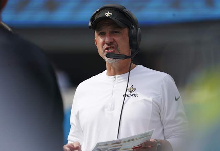 New Orleans Saints head coach Dennis Allen looks on against the Carolina Panthers. Mandatory Credit: James Guillory-USA TODAY Sports